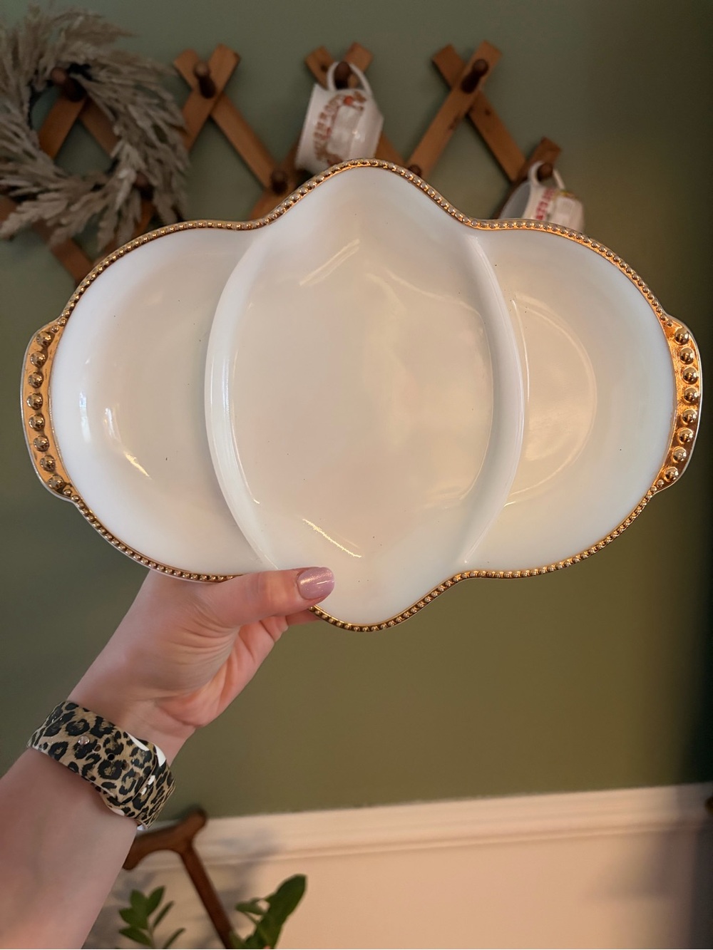 Milk glass fire king Three-Compartment Serving Dish with Gold Trim - White
